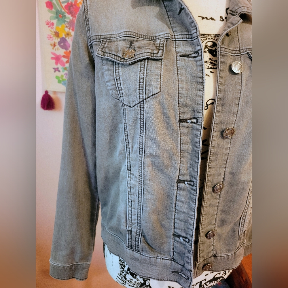 Buffalo David Bitton Light Gray Stretch Denim Knit Jacket, Pockets, EUC, S - Picture 7 of 16